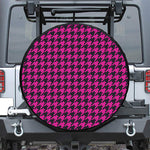 Magenta Pink And Black Houndstooth Print Leather Spare Tire Cover