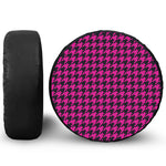 Magenta Pink And Black Houndstooth Print Leather Spare Tire Cover