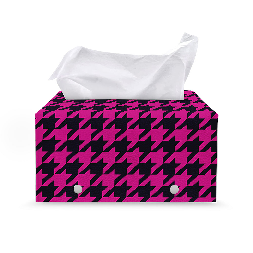 Magenta Pink And Black Houndstooth Print Leather Tissue Box Cover