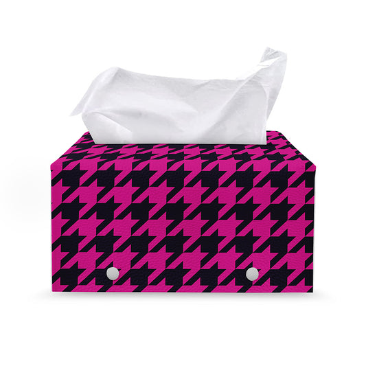 Magenta Pink And Black Houndstooth Print Leather Tissue Box Cover