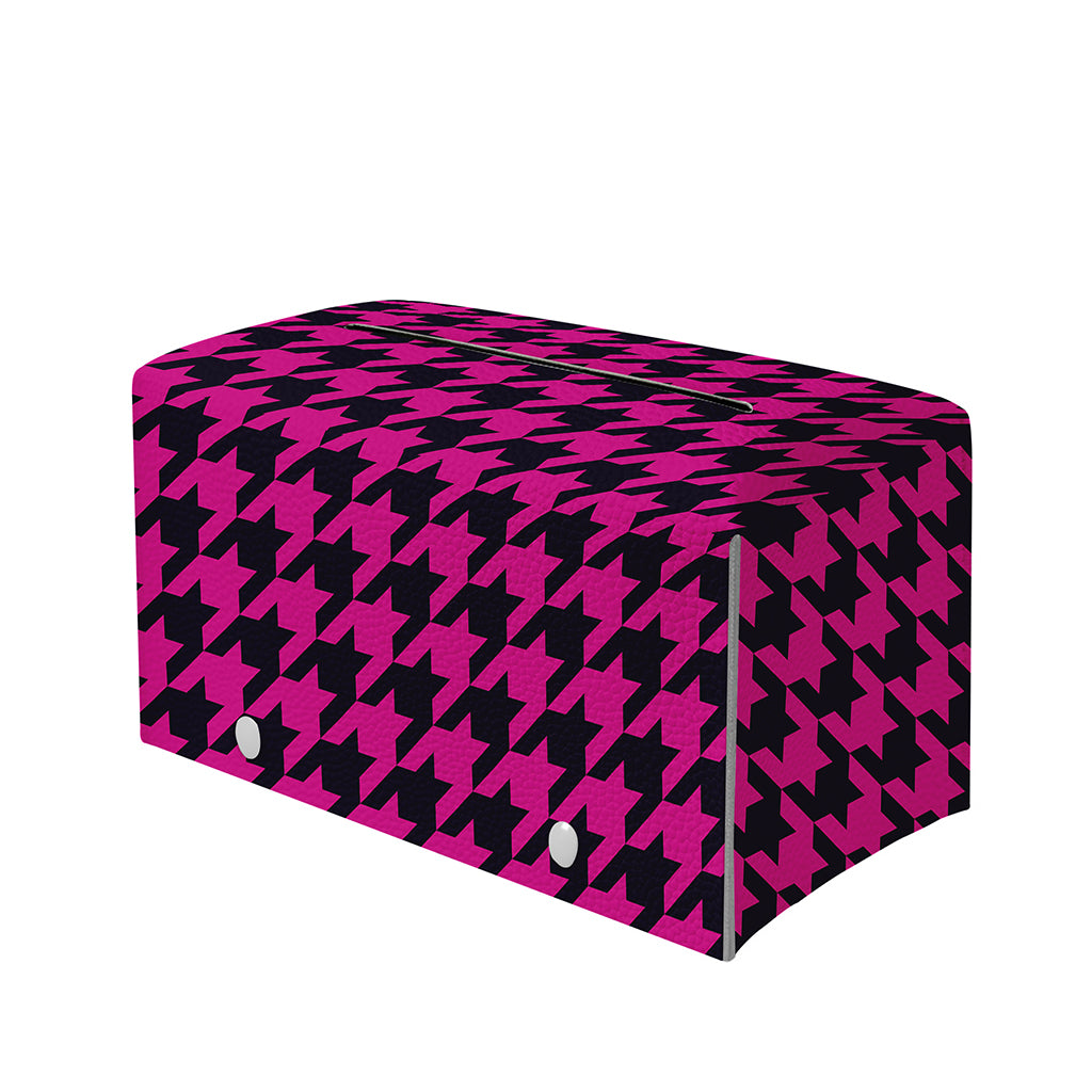 Magenta Pink And Black Houndstooth Print Leather Tissue Box Cover