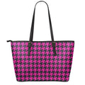 Magenta Pink And Black Houndstooth Print Leather Tote Bag With Zipper