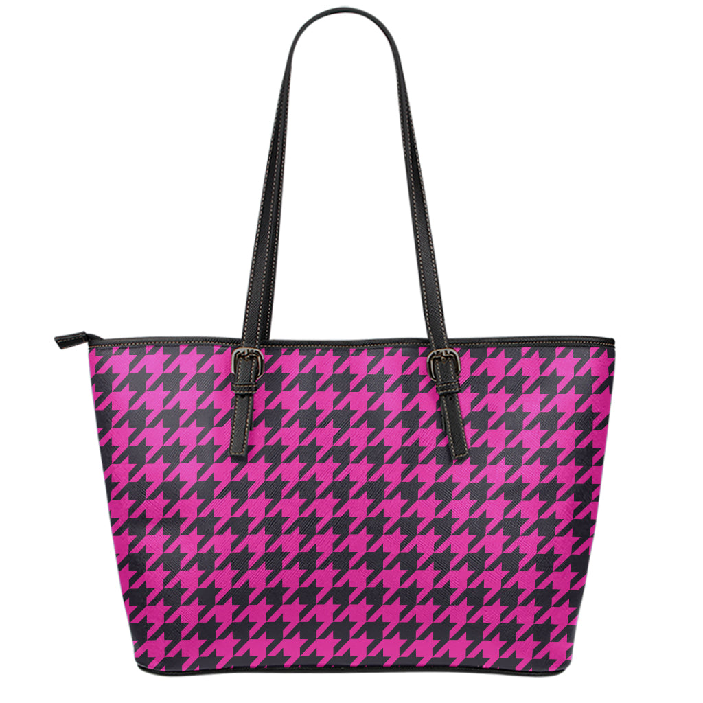 Magenta Pink And Black Houndstooth Print Leather Tote Bag