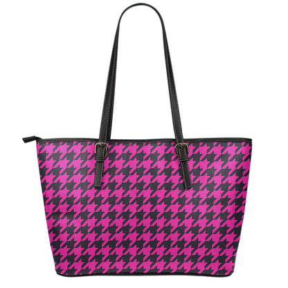 Magenta Pink And Black Houndstooth Print Leather Tote Bag