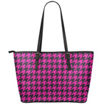 Magenta Pink And Black Houndstooth Print Leather Tote Bag