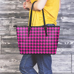 Magenta Pink And Black Houndstooth Print Leather Tote Bag