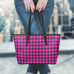 Magenta Pink And Black Houndstooth Print Leather Tote Bag