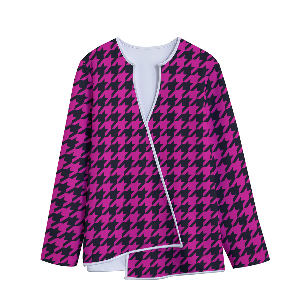 Magenta Pink And Black Houndstooth Print Long Sleeve Short Coat