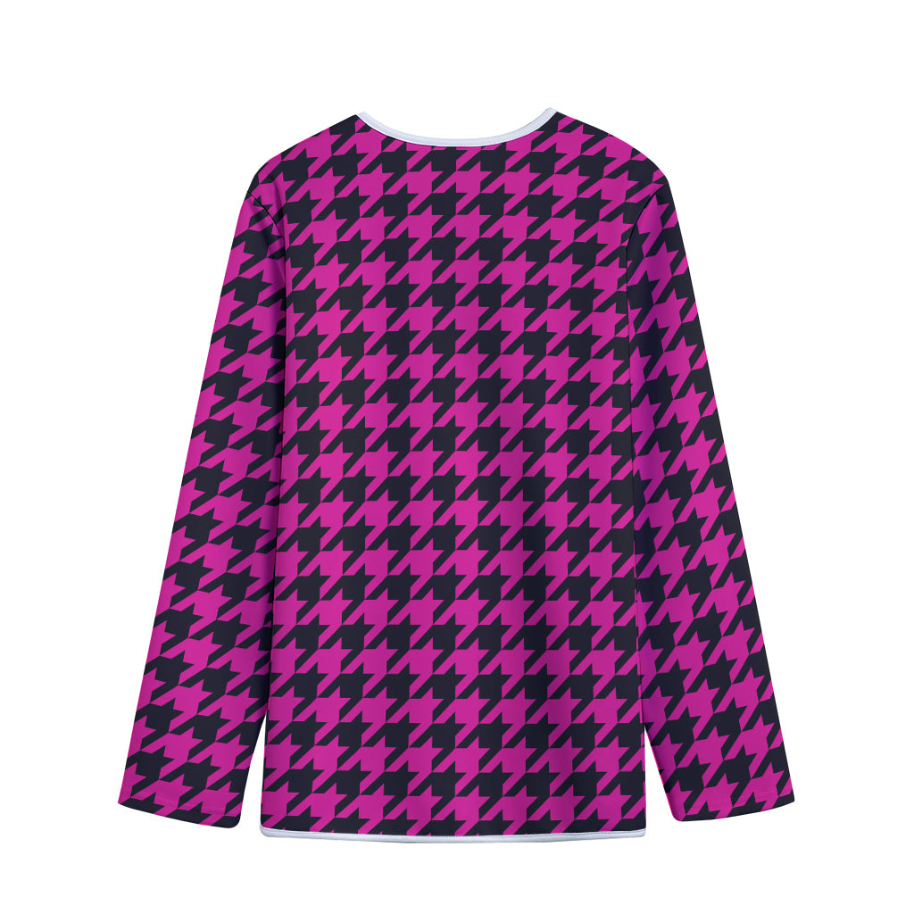 Magenta Pink And Black Houndstooth Print Long Sleeve Short Coat