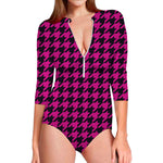 Magenta Pink And Black Houndstooth Print Long Sleeve Swimsuit