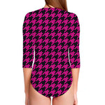Magenta Pink And Black Houndstooth Print Long Sleeve Swimsuit