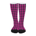 Magenta Pink And Black Houndstooth Print Long Socks