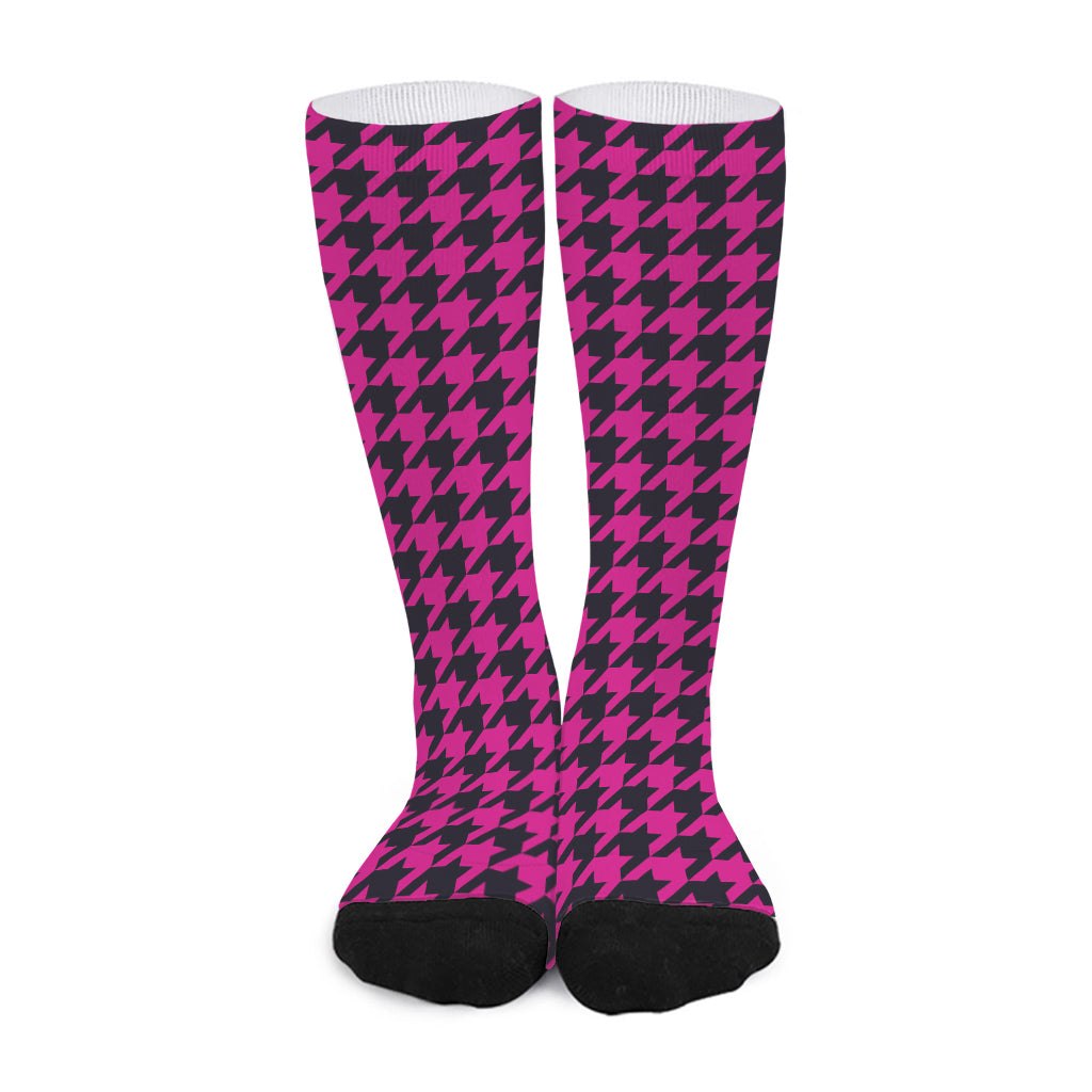 Magenta Pink And Black Houndstooth Print Long Socks