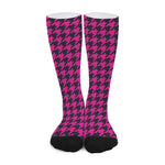 Magenta Pink And Black Houndstooth Print Long Socks