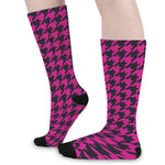 Magenta Pink And Black Houndstooth Print Long Socks