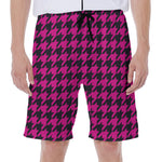Magenta Pink And Black Houndstooth Print Men's Beach Shorts