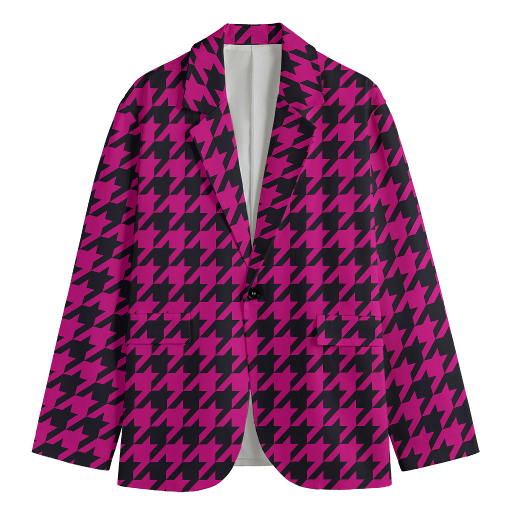 Magenta Pink And Black Houndstooth Print Men's Blazer