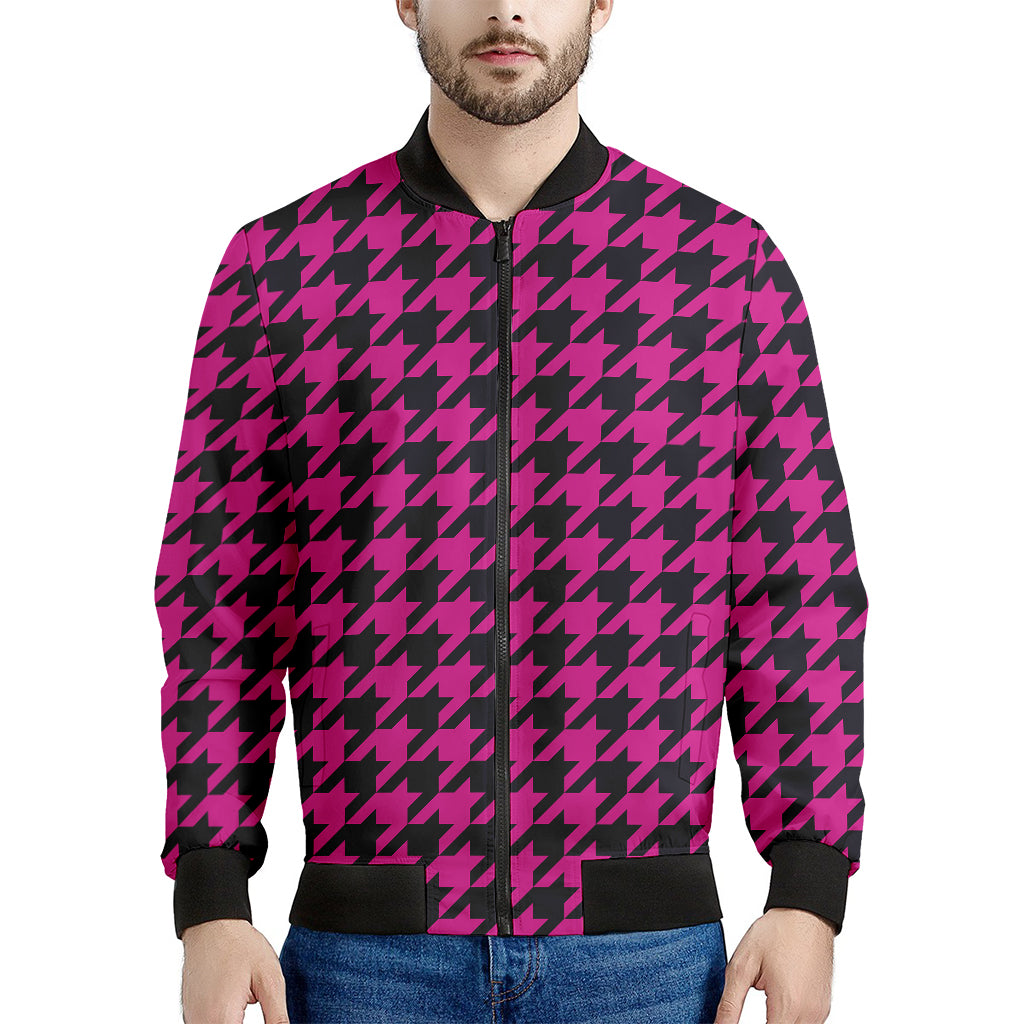 Magenta Pink And Black Houndstooth Print Men's Bomber Jacket