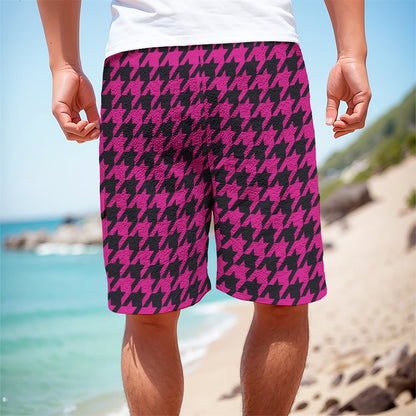Magenta Pink And Black Houndstooth Print Men's Cargo Shorts