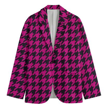 Magenta Pink And Black Houndstooth Print Men's Cotton Blazer