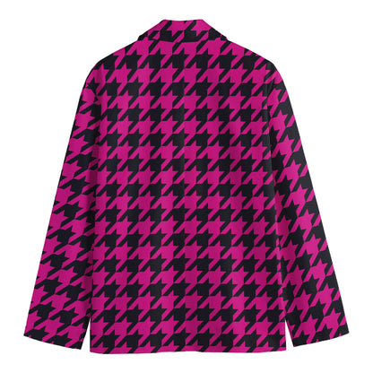 Magenta Pink And Black Houndstooth Print Men's Cotton Blazer