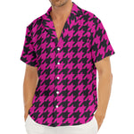 Magenta Pink And Black Houndstooth Print Men's Deep V-Neck Shirt