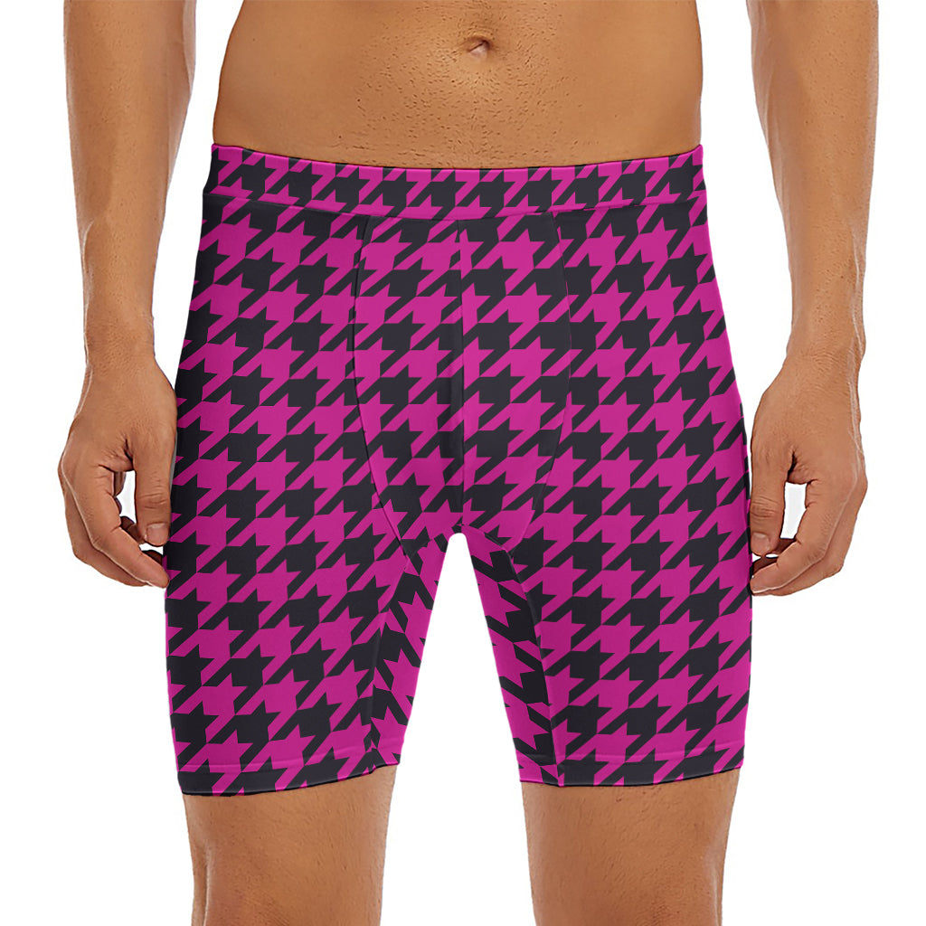 Magenta Pink And Black Houndstooth Print Men's Long Boxer Briefs