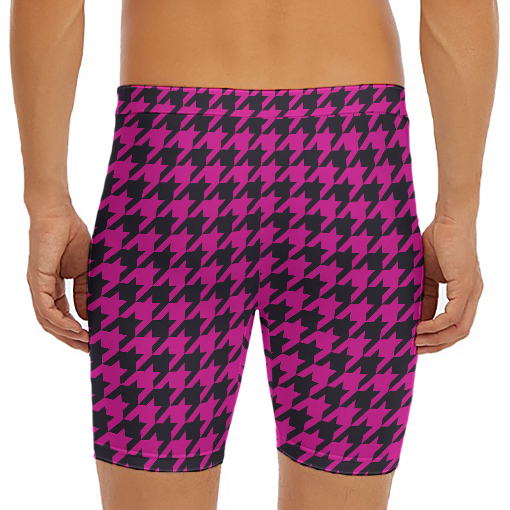 Magenta Pink And Black Houndstooth Print Men's Long Boxer Briefs