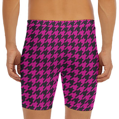 Magenta Pink And Black Houndstooth Print Men's Long Boxer Briefs