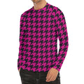 Magenta Pink And Black Houndstooth Print Men's Long Sleeve Rash Guard