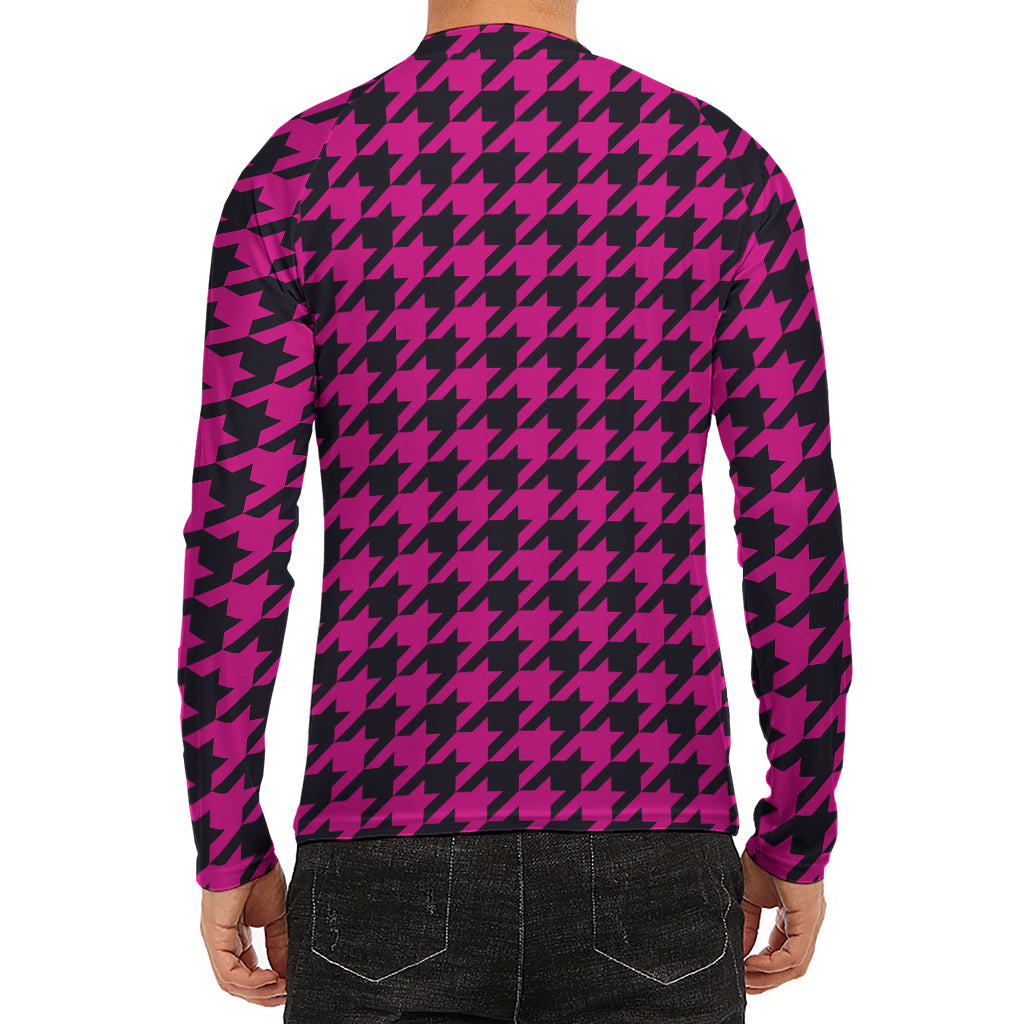 Magenta Pink And Black Houndstooth Print Men's Long Sleeve Rash Guard