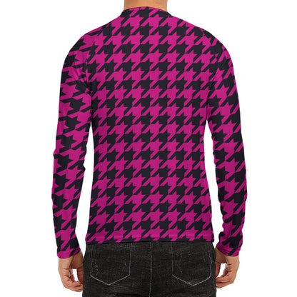 Magenta Pink And Black Houndstooth Print Men's Long Sleeve Rash Guard