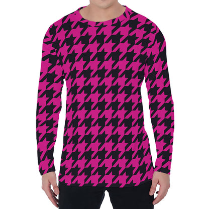 Magenta Pink And Black Houndstooth Print Men's Long Sleeve T-Shirt