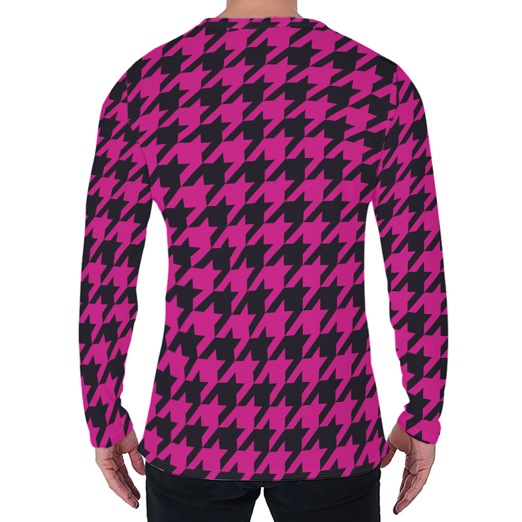 Magenta Pink And Black Houndstooth Print Men's Long Sleeve T-Shirt