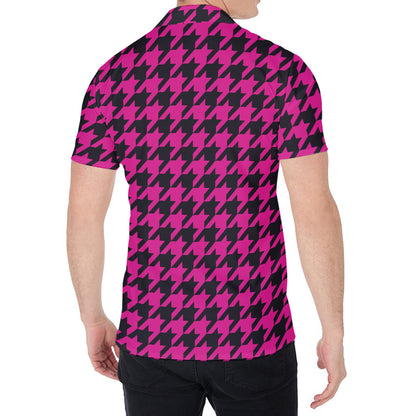 Magenta Pink And Black Houndstooth Print Men's Shirt