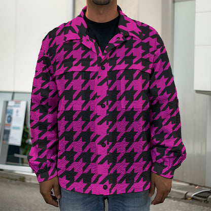 Magenta Pink And Black Houndstooth Print Men's Shirt Jacket