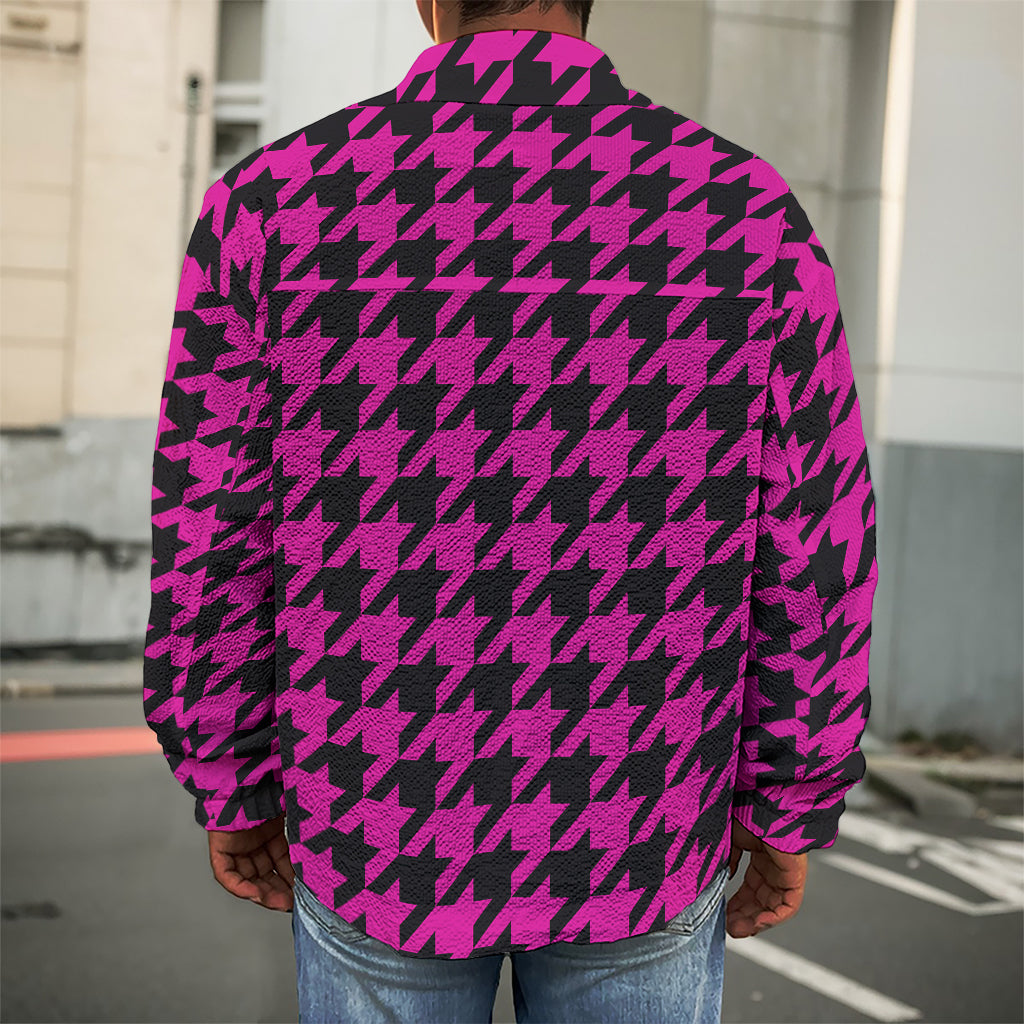 Magenta Pink And Black Houndstooth Print Men's Shirt Jacket