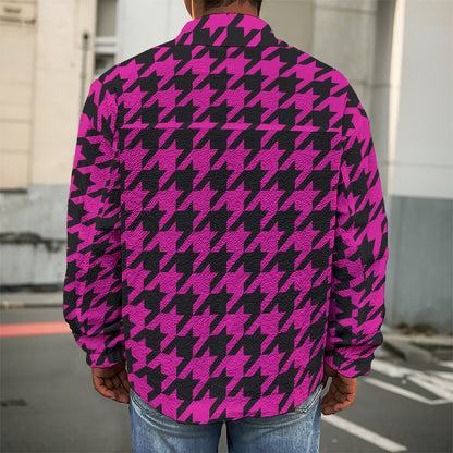 Magenta Pink And Black Houndstooth Print Men's Shirt Jacket