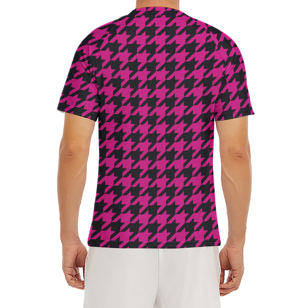 Magenta Pink And Black Houndstooth Print Men's Short Sleeve Rash Guard