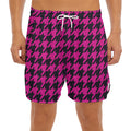 Magenta Pink And Black Houndstooth Print Men's Split Running Shorts