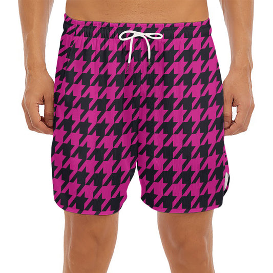 Magenta Pink And Black Houndstooth Print Men's Split Running Shorts