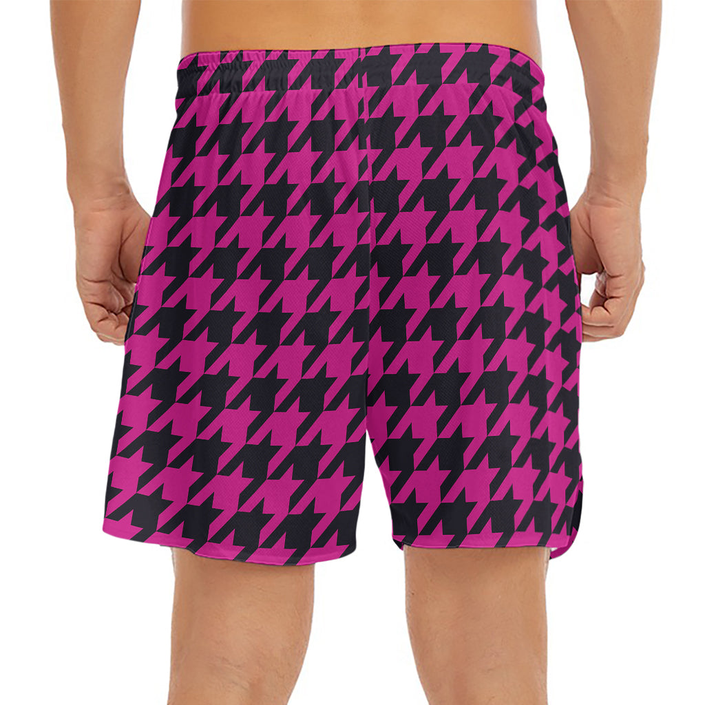 Magenta Pink And Black Houndstooth Print Men's Split Running Shorts