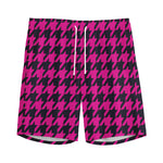Magenta Pink And Black Houndstooth Print Men's Sports Shorts