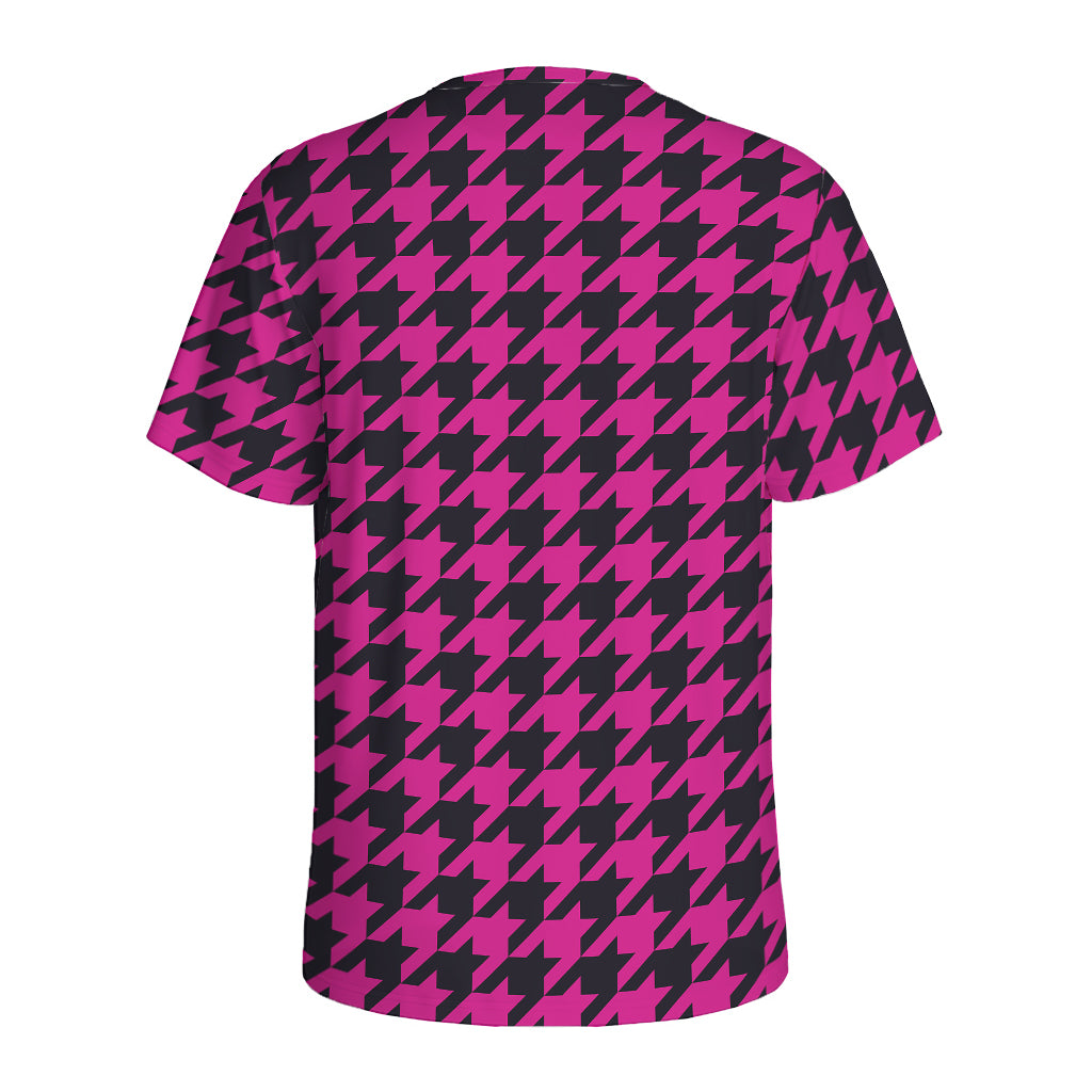 Magenta Pink And Black Houndstooth Print Men's Sports T-Shirt