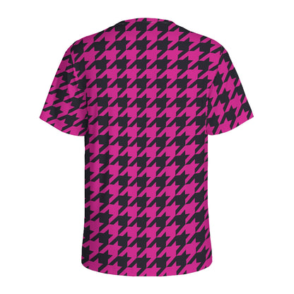 Magenta Pink And Black Houndstooth Print Men's Sports T-Shirt