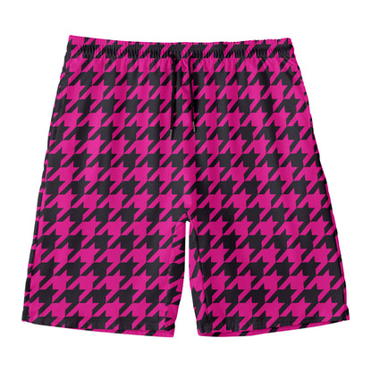Magenta Pink And Black Houndstooth Print Men's Swim Trunks