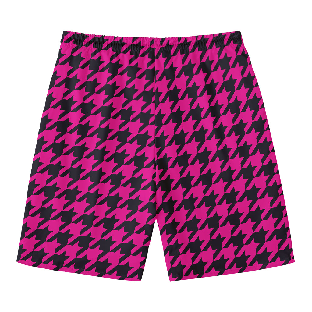 Magenta Pink And Black Houndstooth Print Men's Swim Trunks