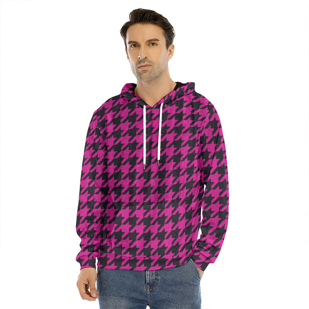 Magenta Pink And Black Houndstooth Print Men's Velvet Pullover Hoodie