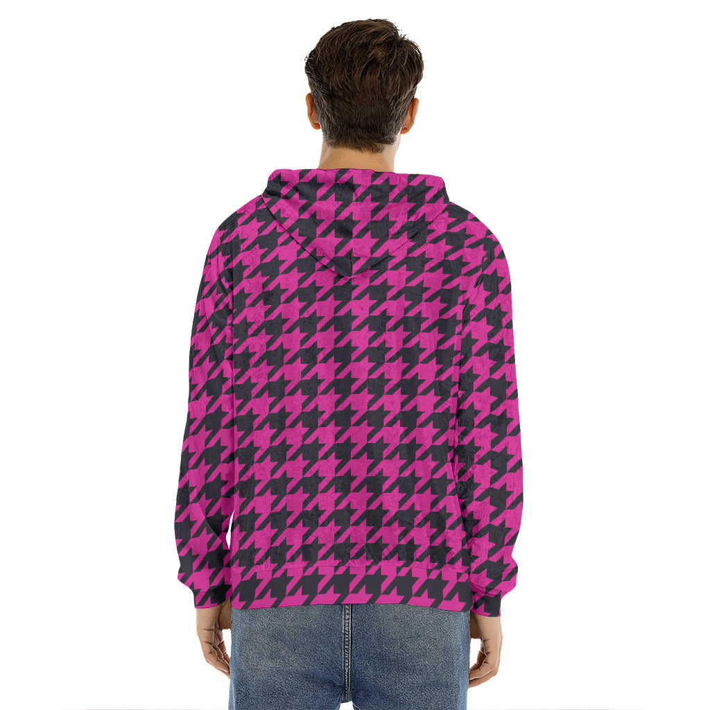 Magenta Pink And Black Houndstooth Print Men's Velvet Pullover Hoodie