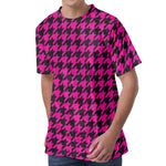 Magenta Pink And Black Houndstooth Print Men's Velvet T-Shirt